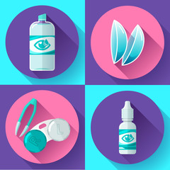 Contact lens, Container, daily solution, eye drops and tweezers icons