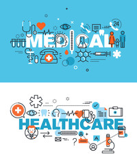 Fototapete - Set of modern vector illustration concepts of words medical and healthcare. Thin line flat design banners for website and mobile website, easy to use and highly customizable.