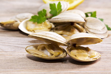 Seafood, Clams On Wooden Background