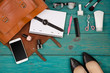 © veranoverde - Travel concept - women set with bag, phone, notepad, purse