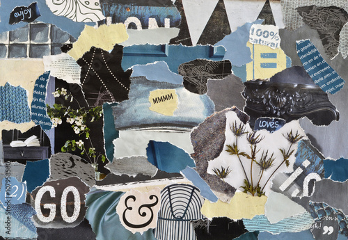 Fotomural Atmosphere color petrol blue, grey,white and black mood board collage sheet made