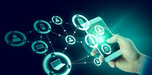 Poster - Composite image of businessman using mobile phone over 