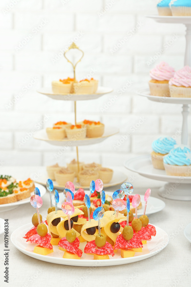Set of cold snacks and canape, closeup