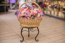 Beautiful Bouquet Of Pink , Purple Flowers In Basket