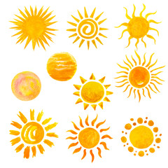 set of watercolor sun icons isolated on white. hand painting