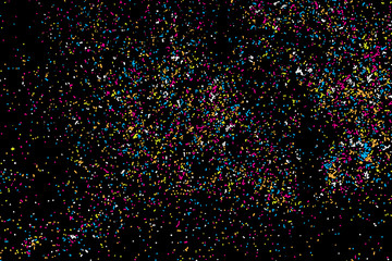 Colorful confetti vector on black backgroung. Grainy abstract random texture design element. Colorful party background with glitter, sprinkles and space for your text on black. Distress. 