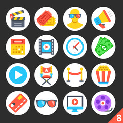 Poster - Round flat icons for web sites, mobile apps, web banners, infographics. High quality design illustrations. Entertainment, cinema, movie production, cinema concepts. Modern vector icons set 8
