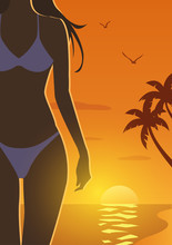 Girl On Sunset Beach