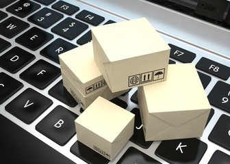 Technology business concept, shipping: cardboard package boxes on laptop. 3d rendering.