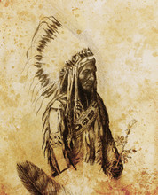 Drawing Of Native American Indian Foreman Sitting Bull - Totanka Yotanka According Historic Photography, With Beautiful Feather Headdress, Holding Rose Flower.