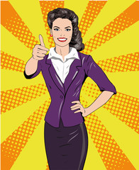 Pop art retro style woman showing thumb up hand sign. Comic drawn design vector illustration