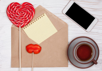 top view concept, woman still life with love letter envelope