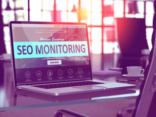 Poster - SEO Monitoring Concept. Closeup Landing Page on Laptop Screen  on background of Comfortable Working Place in Modern Office. Blurred, Toned Image. 3D Render.