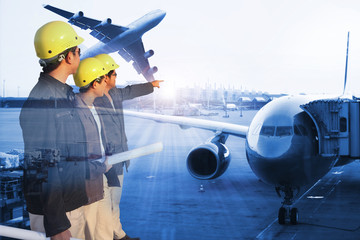 group engineer on site with Airplane at the terminal gate ,  Concept of freight cargo plane in transport and import-export commercial logistic ,shipping business industry