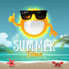 Happy cartoon sun character with sunglasses on summer background