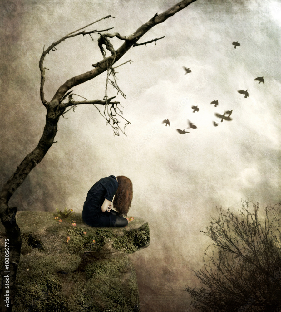 Sad girl sitting on a cliff one,digital Art,emotional Stock Illustration |  Adobe Stock, image size:900x1000