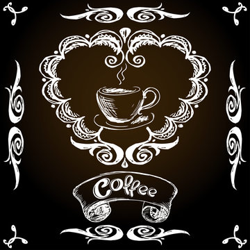 vintage label,coffee and cup, hand drawing,