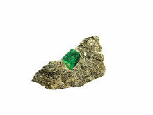 Gemmy Green Natural Emerald Crystal On Fibrous Mica Matrix, Zimbabwe Showing The Hexagonal Shape Of The Beryl Crystal, Birthstone For May.