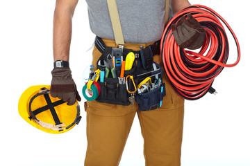 Sticker - Electrician with construction tools and cable.