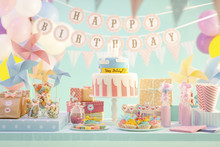 Cake, Candy And Gifts At Birthday Party