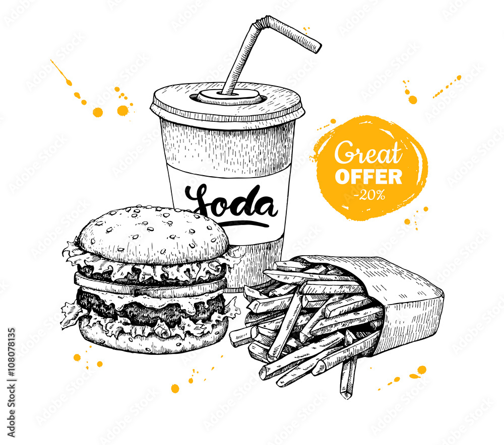Vector vintage fast food special offer. Hand drawn monochrome junk food  illustration Stock Vector | Adobe Stock, image size:1000x884