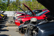 Different damaged cars on a junk yard