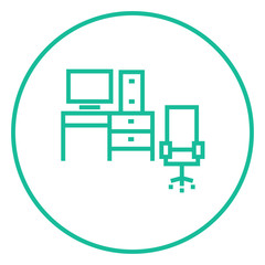 Poster - computer set with table and chair line icon.
