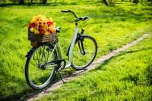 Bicycle With A Wicker Basket And Spring Flowers 