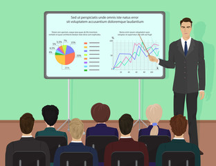 Poster - Businessman expert giving presentation seminar training. Conference with people concept.
