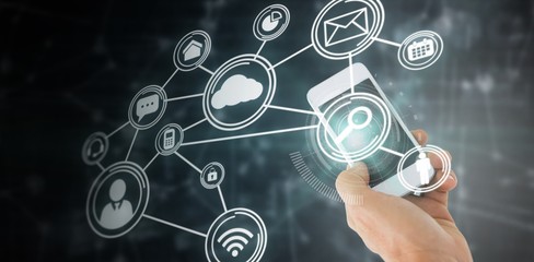 Poster - Composite image of male hand holding a smartphone