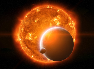 Wall Mural - exploding sun in space close to planet earth and moon