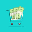 Shopping cart full pile of paper money vector cartoon illustration, ecommerce trolley with cash stack, concept of online internet sale, income, saving, commercial, financial flat design isolated