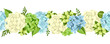 Vector horizontal seamless background with blue and white hydrangea flowers and green leaves.