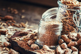 Fototapeta Sawanna - Oat bran, grain oats, oat flour, in glass jars, vintage wooden b