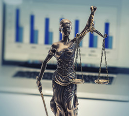 Poster - Scales justice with laptop displaying financial information