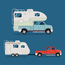 Vector Illustration Flat. The Best Resource For The Travel Agency And Camping, Outdoor Activities, Sports And Outdoor Recreation. Camper Truck