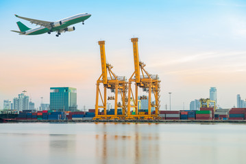 Airplane and Sea port at the early morning.