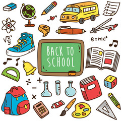 Back to school themed cartoon icon. Set of school supplies cartoon icon