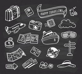 Sticker - travel themed icon doodle on chalkboard background