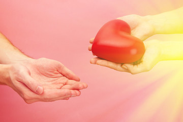 Poster - Female and male hands with red heart on pink background