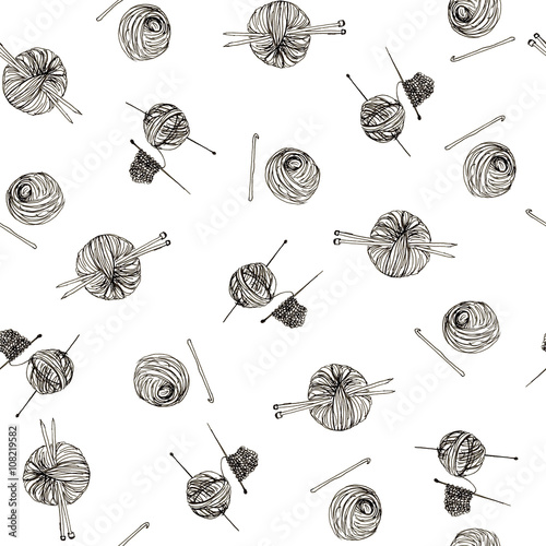 Hand Drawn Seamless Pattern Sketch Of Knitting Ball Of