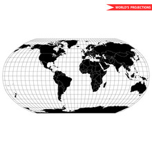 Robinson Map Projection Of A World Map Which Shows Entire World At E As A Flat Image. Black And White World Map Vector Illustration