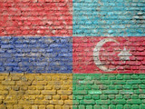 Fototapeta Paryż - armenian and Azerbaijani flags painted on a wall