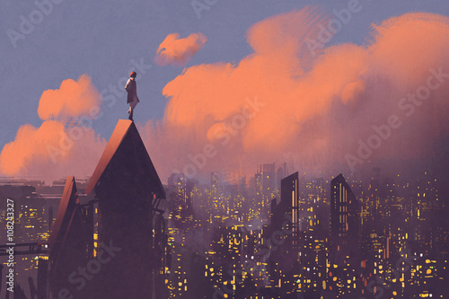 Zdjęcie XXL mężczyzna czuwający nad miastem, malowanie ilustracji