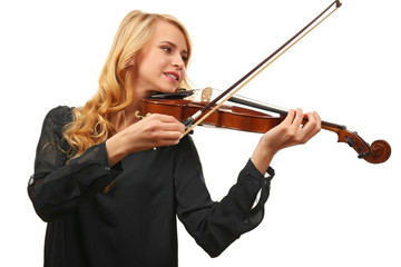 Poster - Beautiful woman plays violin isolated on white background, close up