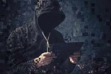 Wall Mural - Pixelated unrecognizable hooded cyber criminal