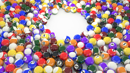 Set of color billiard balls with empty circle inside in center
