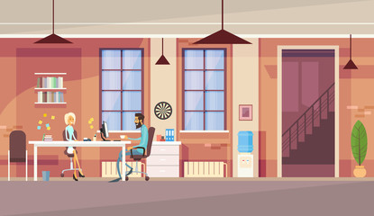 Poster - creative office co-working center business people sitting desk working together