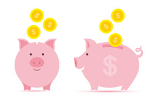 Pink Piggy Bank With Falling Golden Coins In Two Perspectives.