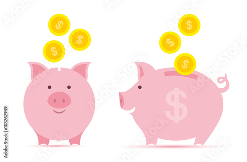 Fotomural Pink piggy bank with falling golden coins in two perspectives.